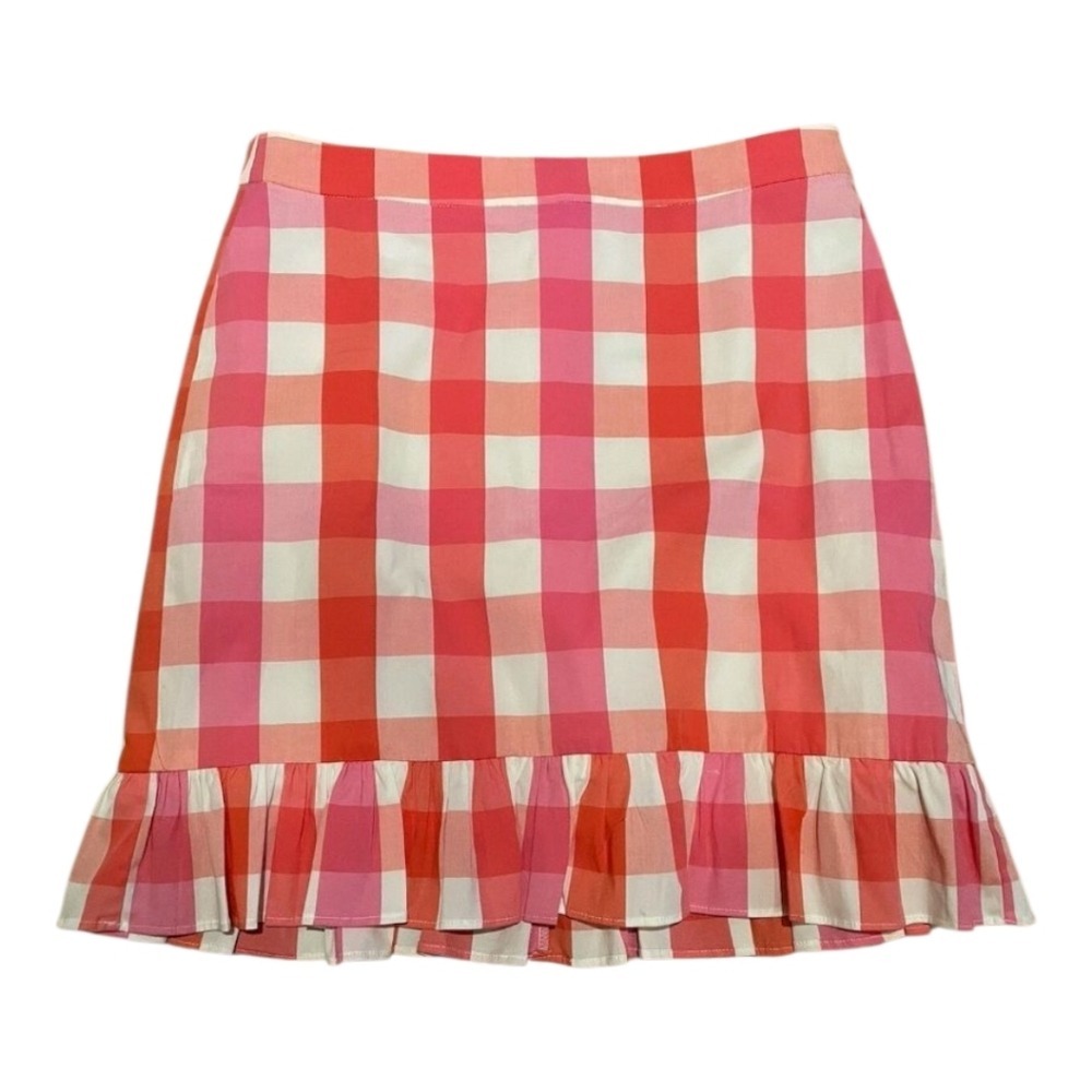 J. Crew Pink Red White Gingham Ruffle Hem Mini Skirt Women's Trendy Summer Beach